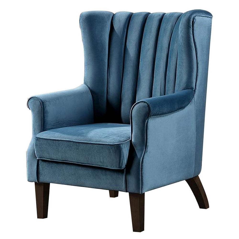 32 Inch Accent Chair, Wingback, Channel Tufted Dark Teal Fabric, Solid Wood By Casagear Home