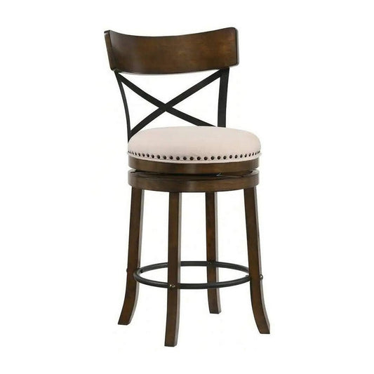 Vesper 27 Inch Swivel Counter Stool Chair Set of 2, Beige Seat, Brown Wood By Casagear Home