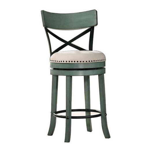 Vesper 27 Inch Swivel Counter Stool Chair Set of 2, Beige Seat, Green Wood By Casagear Home