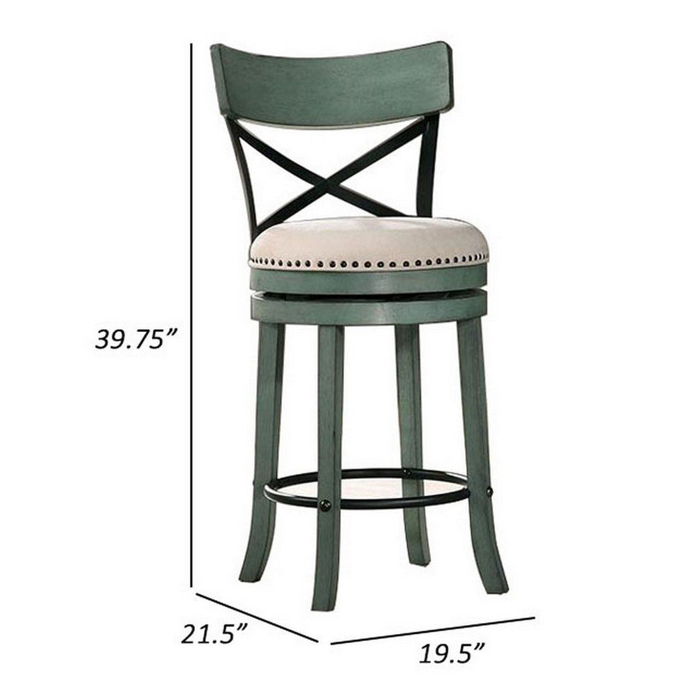 Vesper 27 Inch Swivel Counter Stool Chair Set of 2 Beige Seat Green Wood By Casagear Home BM312143