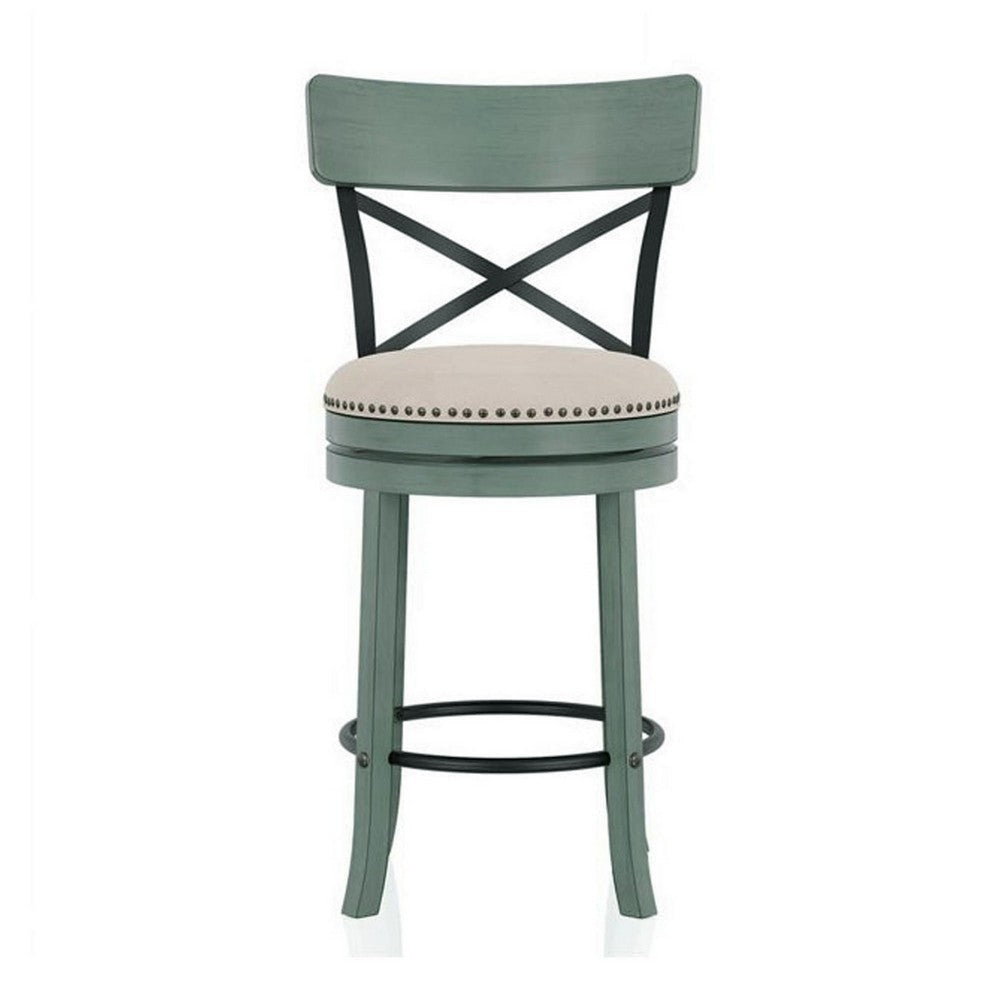 Vesper 31 Inch Swivel Barstool Chair Set of 2, Beige Seat, Green Wood Frame By Casagear Home