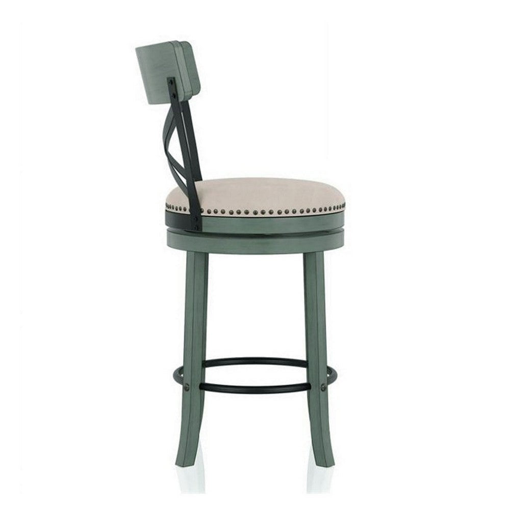 Vesper 31 Inch Swivel Barstool Chair Set of 2, Beige Seat, Green Wood Frame By Casagear Home