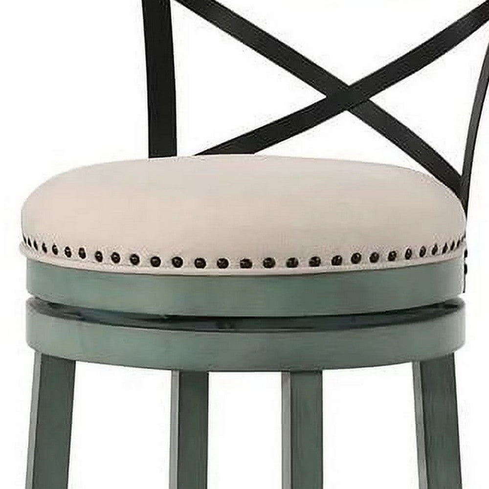 Vesper 31 Inch Swivel Barstool Chair Set of 2, Beige Seat, Green Wood Frame By Casagear Home