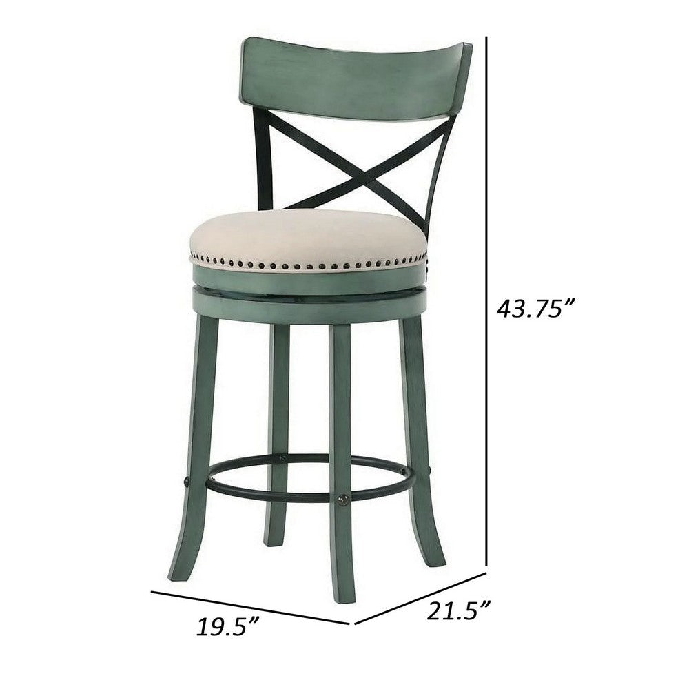 Vesper 31 Inch Swivel Barstool Chair Set of 2, Beige Seat, Green Wood Frame By Casagear Home