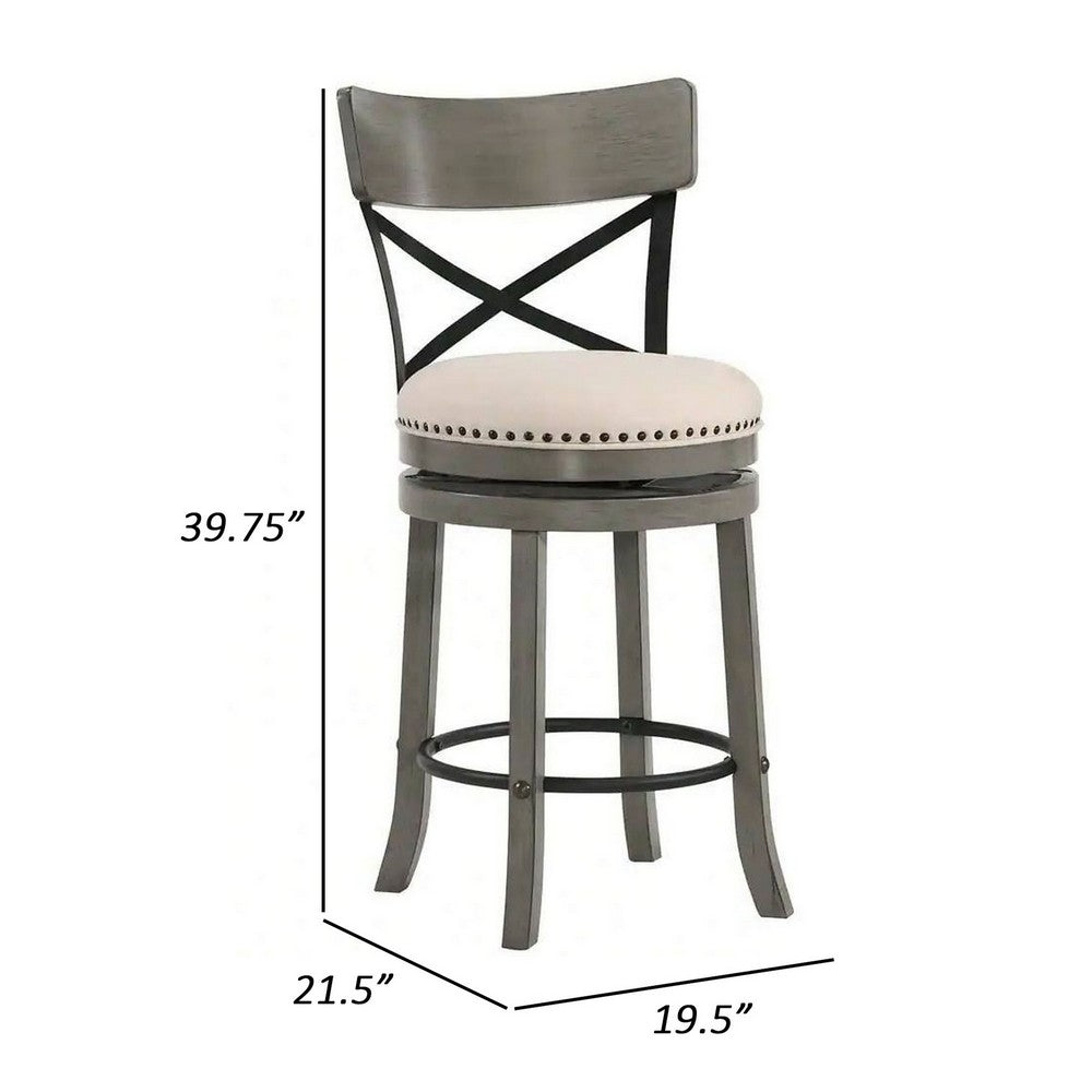 Vesper 27 Inch Swivel Counter Stool Chair Set of 2, Beige Seat, Gray Wood By Casagear Home