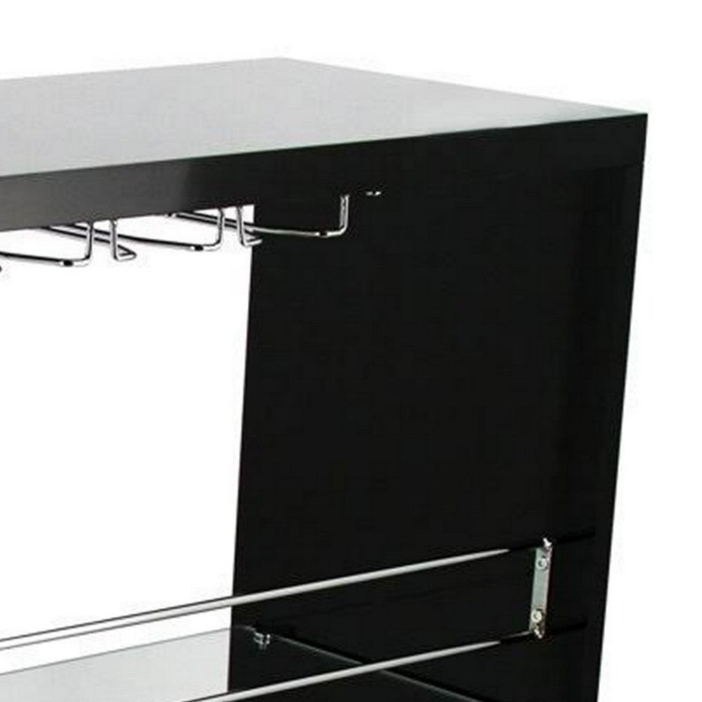 Zaina 42 Inch Modern Bar Table, 3 Shelves, Tempered Glass, Black, Chrome By Casagear Home