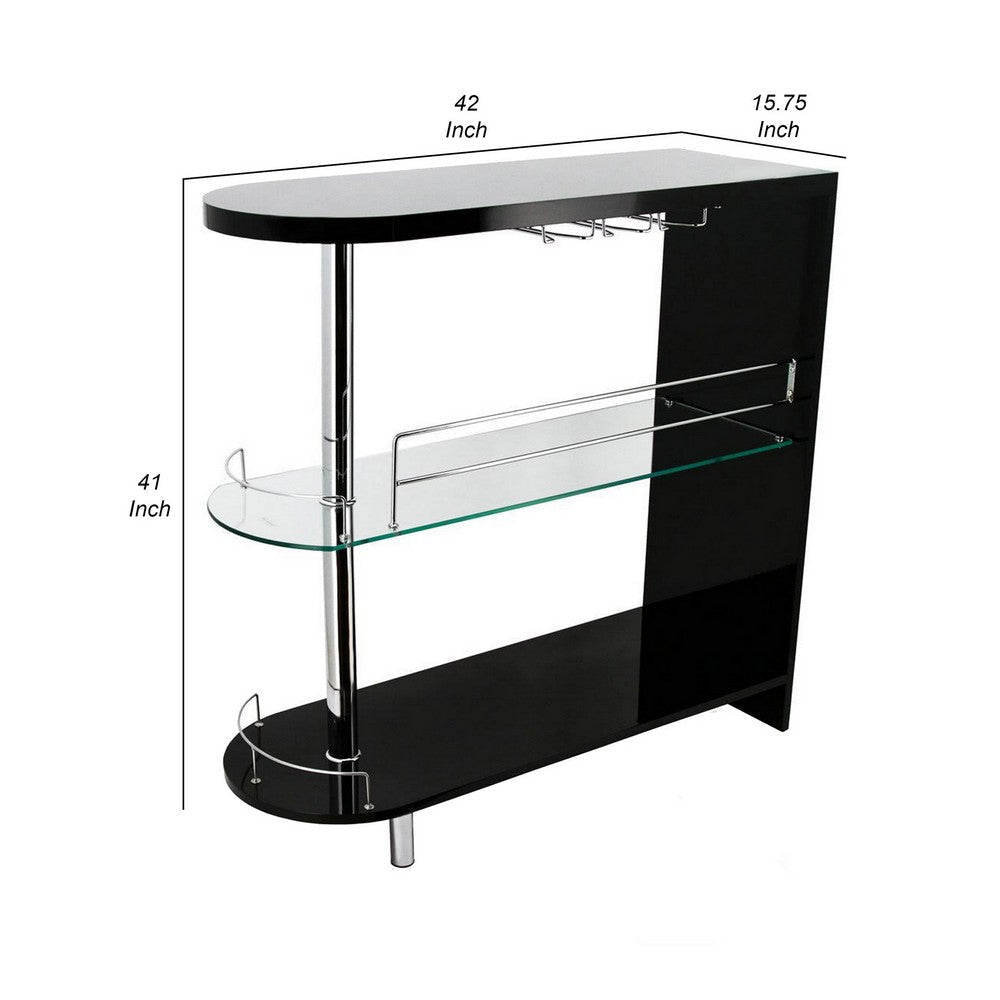 Zaina 42 Inch Modern Bar Table, 3 Shelves, Tempered Glass, Black, Chrome By Casagear Home