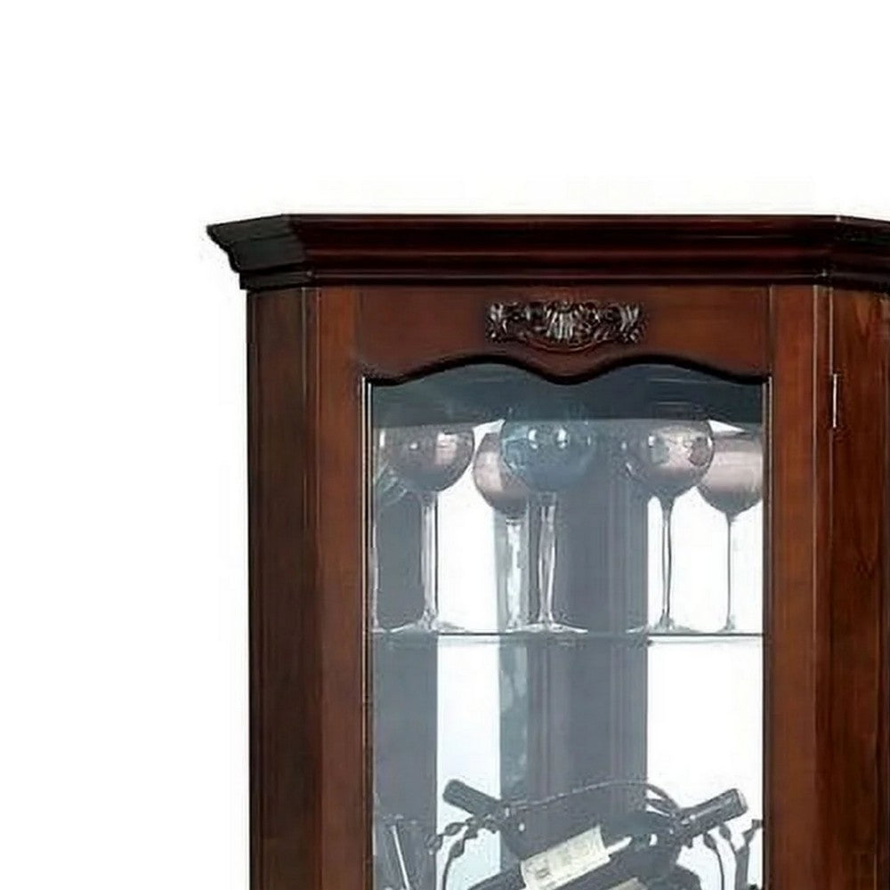 72 Inch Corner Curio Cabinet, 5 Shelves, Tempered Glass Door, Brown Wood By Casagear Home