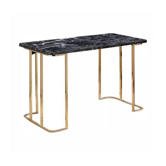 Jenny 47 Inch Desk, USB Power Outlet, Gold Metal Legs, Black Faux Marble By Casagear Home