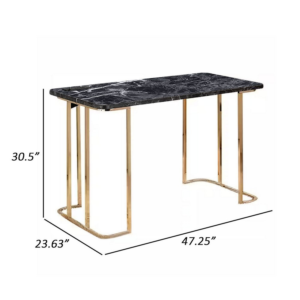 Jenny 47 Inch Desk, USB Power Outlet, Gold Metal Legs, Black Faux Marble By Casagear Home