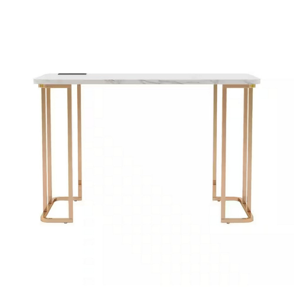 Jenny 47 Inch Desk, USB Power Outlet, Gold Metal Legs, White Faux Marble By Casagear Home