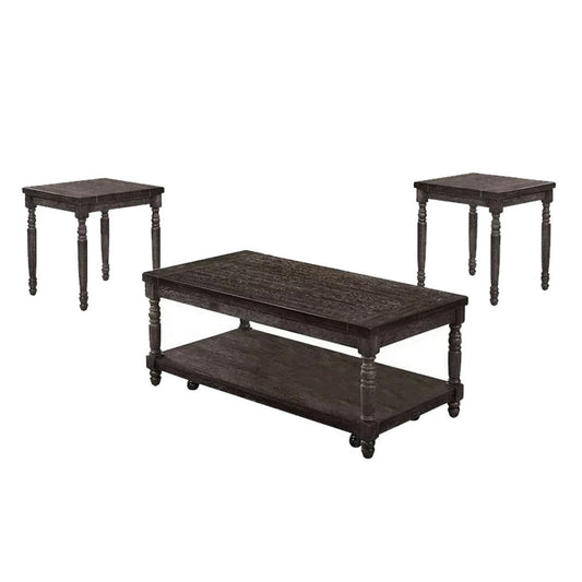 3 Piece Coffee Table and End Table Set, Plank Style, Wheels, Weathered Gray By Casagear Home