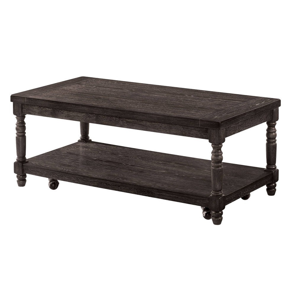 3 Piece Coffee Table and End Table Set, Plank Style, Wheels, Weathered Gray By Casagear Home
