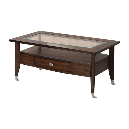 Ruen 44 Inch Coffee Table, Glass Inset, Bottom Shelf, Wheels, Drawer, Brown By Casagear Home