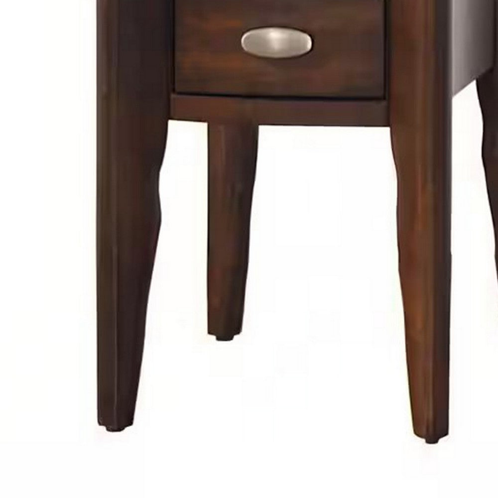 Ruen 22 Inch Chairside Table, Glass Inset, Bottom Shelf, 1 Drawer, Brown By Casagear Home