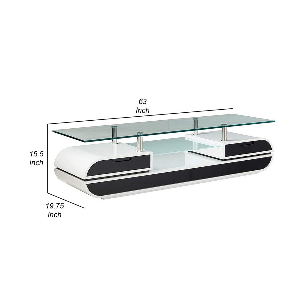 63 Inch TV Entertainment Console, Glass Top, Chrome Posts, Black, White By Casagear Home