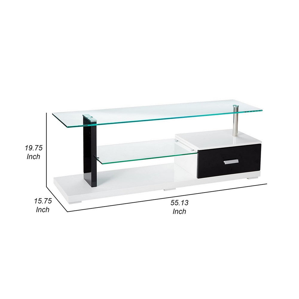 55 Inch TV Entertainment Console, Glass Top, Chrome Posts, Black, White By Casagear Home