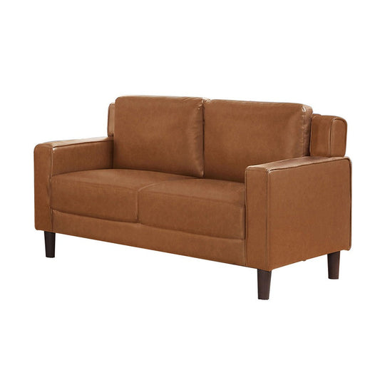 Heun 55 Inch Loveseat, Soft Camel Brown Faux Leather, Square Track Arms By Casagear Home