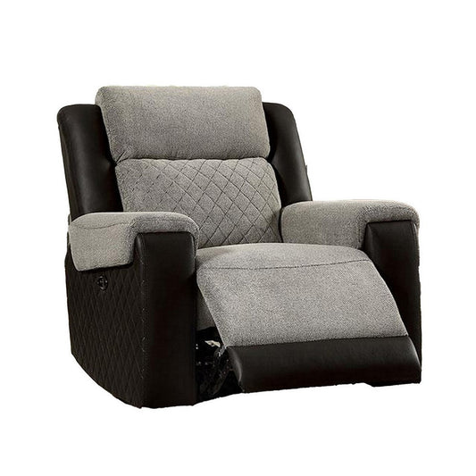 Sten 39 Inch Power Recliner Chair, USB, Gray Fabric, Black Faux Leather By Casagear Home