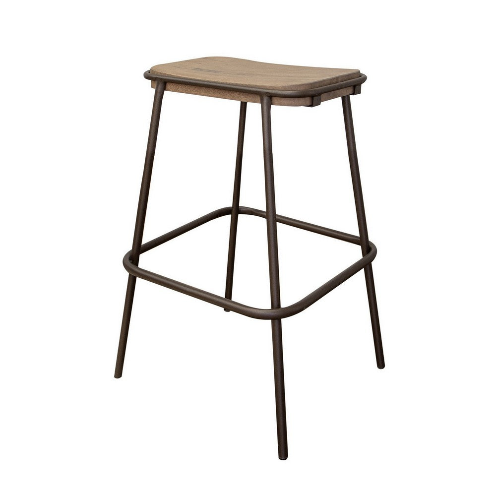 Umey 24 Inch Counter Stool, Footrest, Metal Frame, Solid Brown Mango Wood By Casagear Home