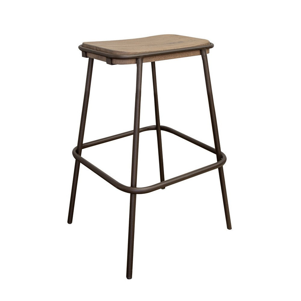 Umey 24 Inch Counter Stool, Footrest, Metal Frame, Solid Brown Mango Wood By Casagear Home