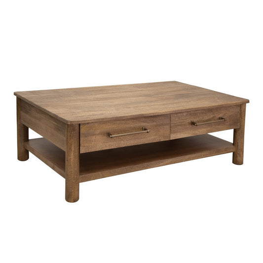Olum 50 Inch Cocktail Coffee Table, Drawers, Lower Shelf, Brown Mango Wood By Casagear Home