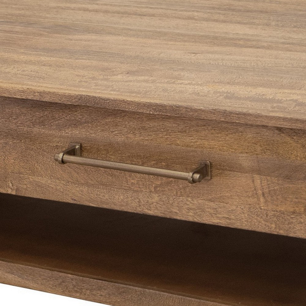 Olum 50 Inch Cocktail Coffee Table, Drawers, Lower Shelf, Brown Mango Wood By Casagear Home