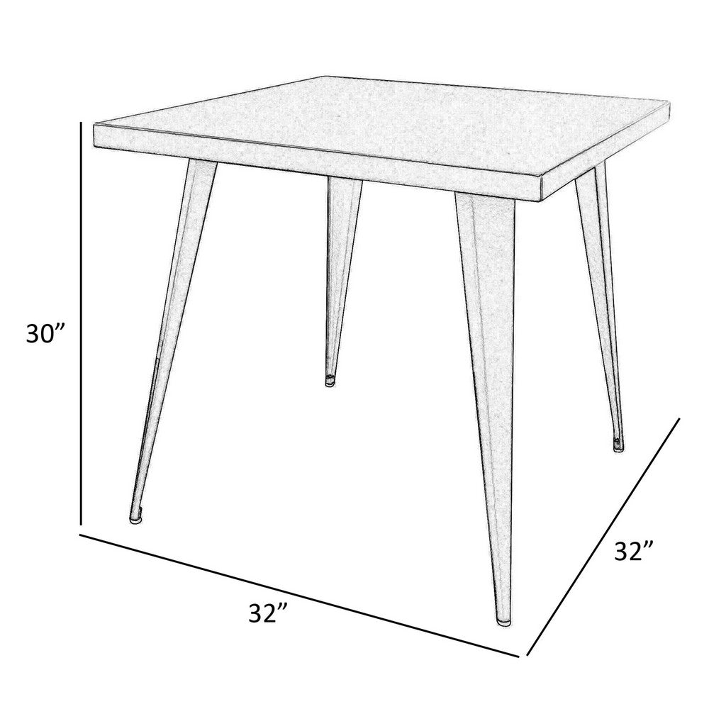 Oran 32 Inch Dining Table, Square Metal Top, Tapered Legs, White Finish By Casagear Home