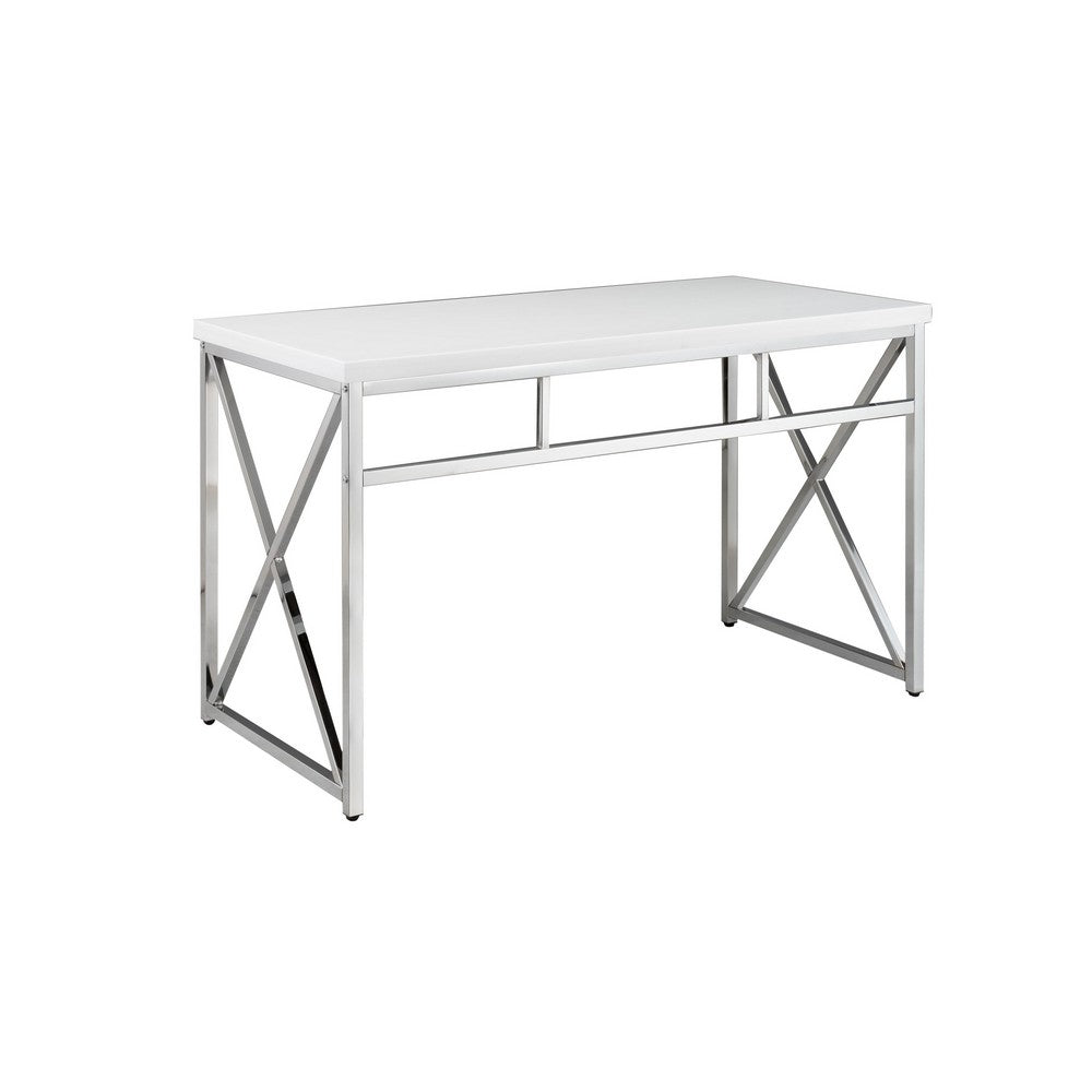 Gracie 47 Inch Desk, White Rectangular Top, Metal Legs in Chrome Finish By Casagear Home