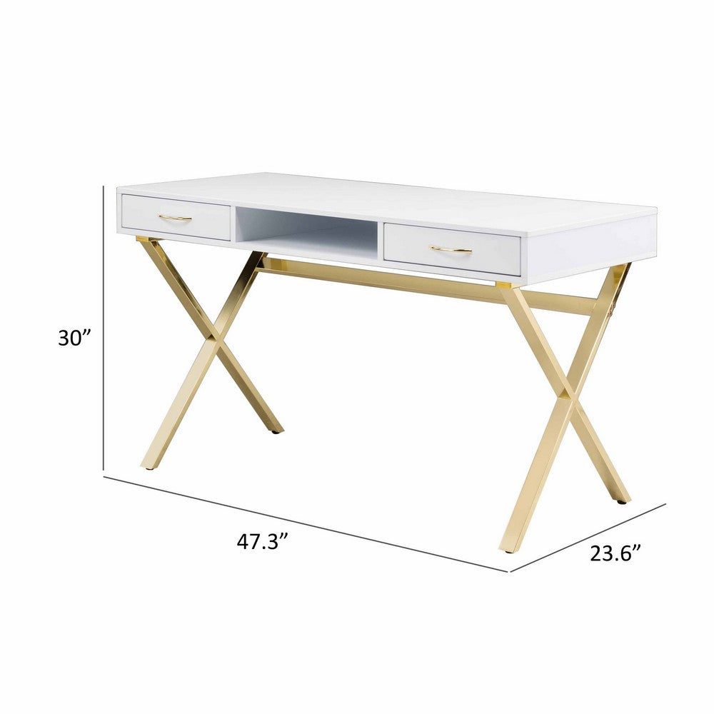 Gracie 47 Inch Desk, White Rectangular Top, 2 Drawers, Gold Metal Legs By Casagear Home