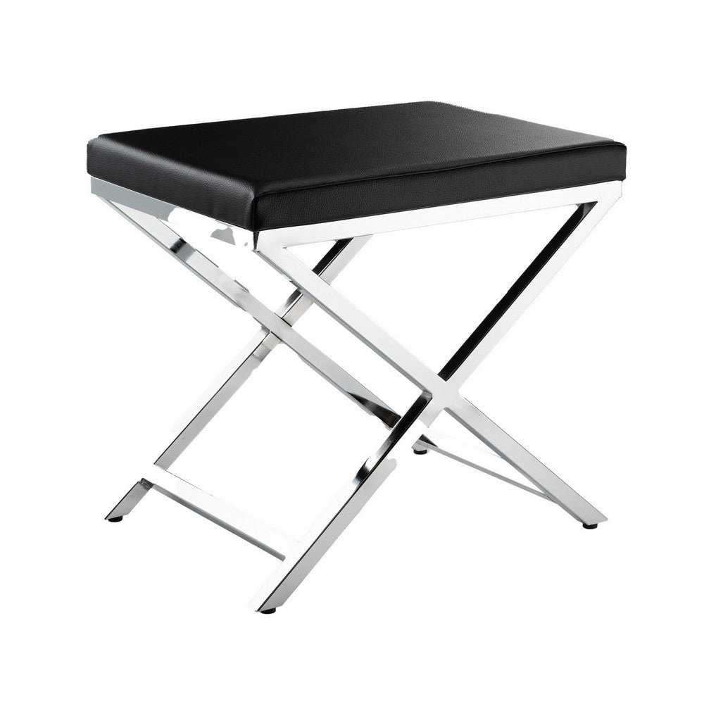 Myra 21 Inch Accent Stool, Black Faux Leather, Chrome Finished Cross Legs By Casagear Home