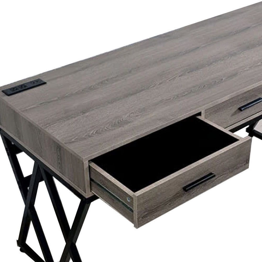 Gia 59 Inch Writing Desk, 3 Drawers, USB and Power Outlet, Gray, Sand Black By Casagear Home