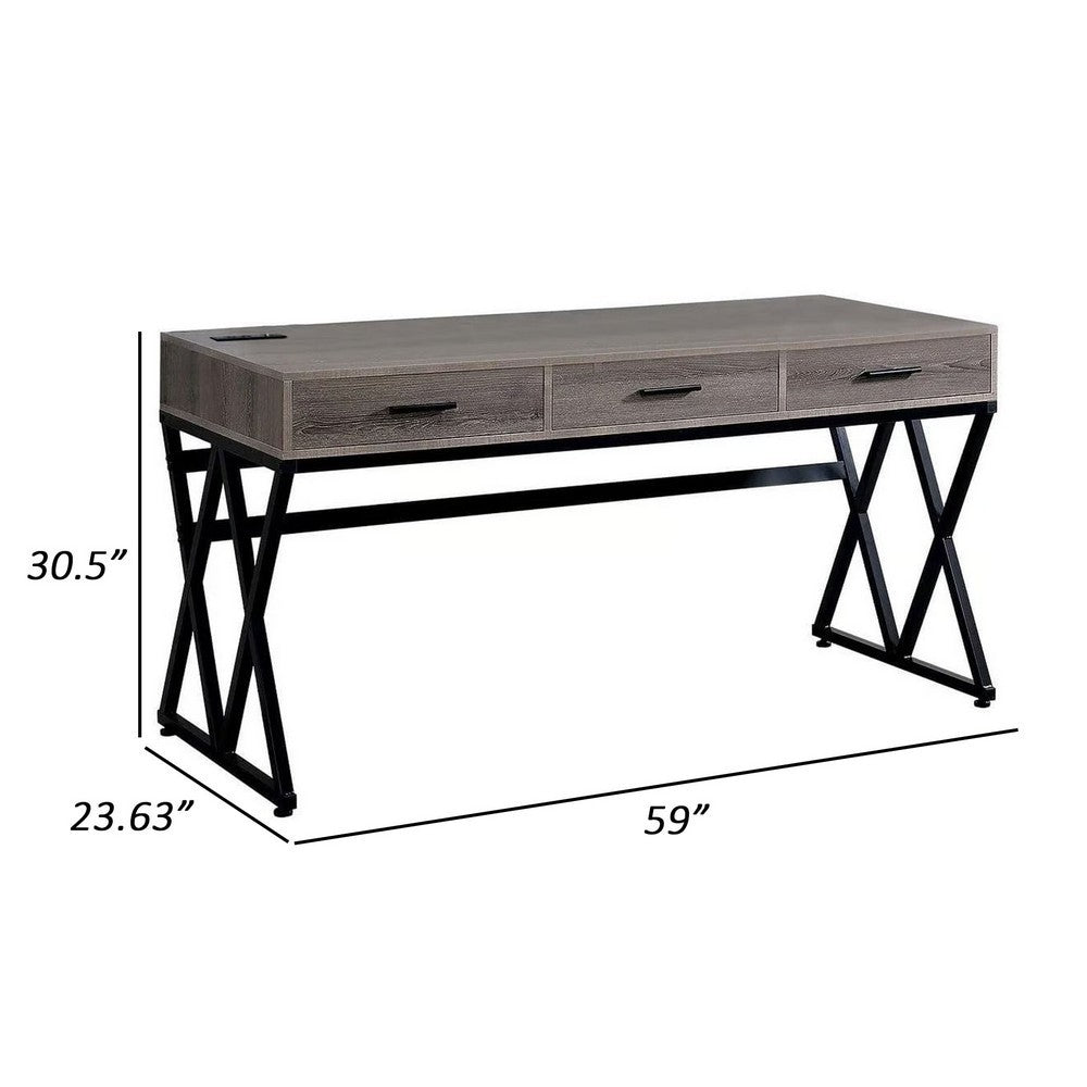 Gia 59 Inch Writing Desk, 3 Drawers, USB and Power Outlet, Gray, Sand Black By Casagear Home