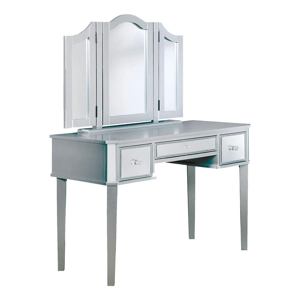 43 Inch Vanity Desk with Stool, Drawers, 3 Sided Mirrors, Silver Wood Frame By Casagear Home