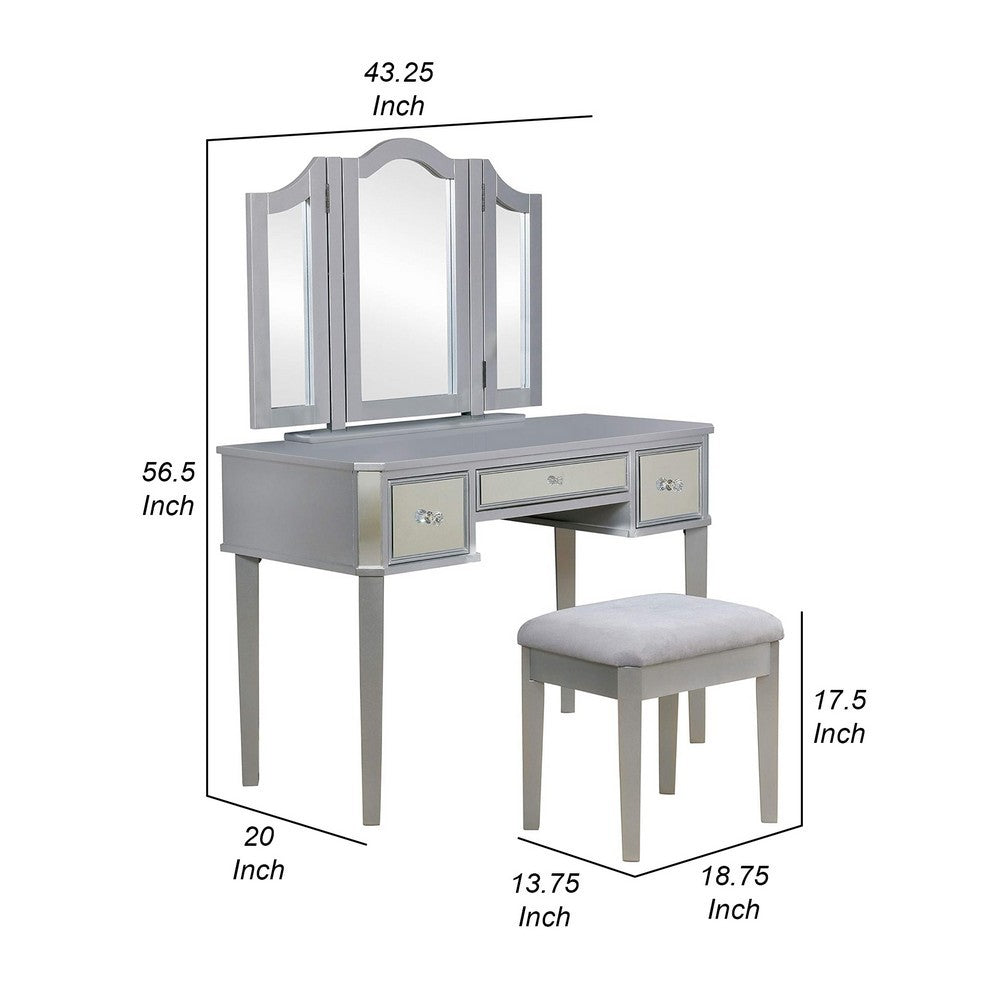 43 Inch Vanity Desk with Stool, Drawers, 3 Sided Mirrors, Silver Wood Frame By Casagear Home