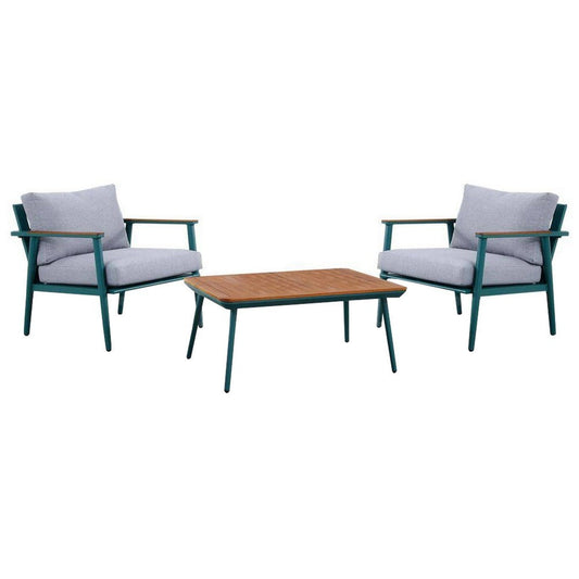 3 Piece Outdoor Coffee Table and Chairs Set, Wood Planks, Gray, Green By Casagear Home