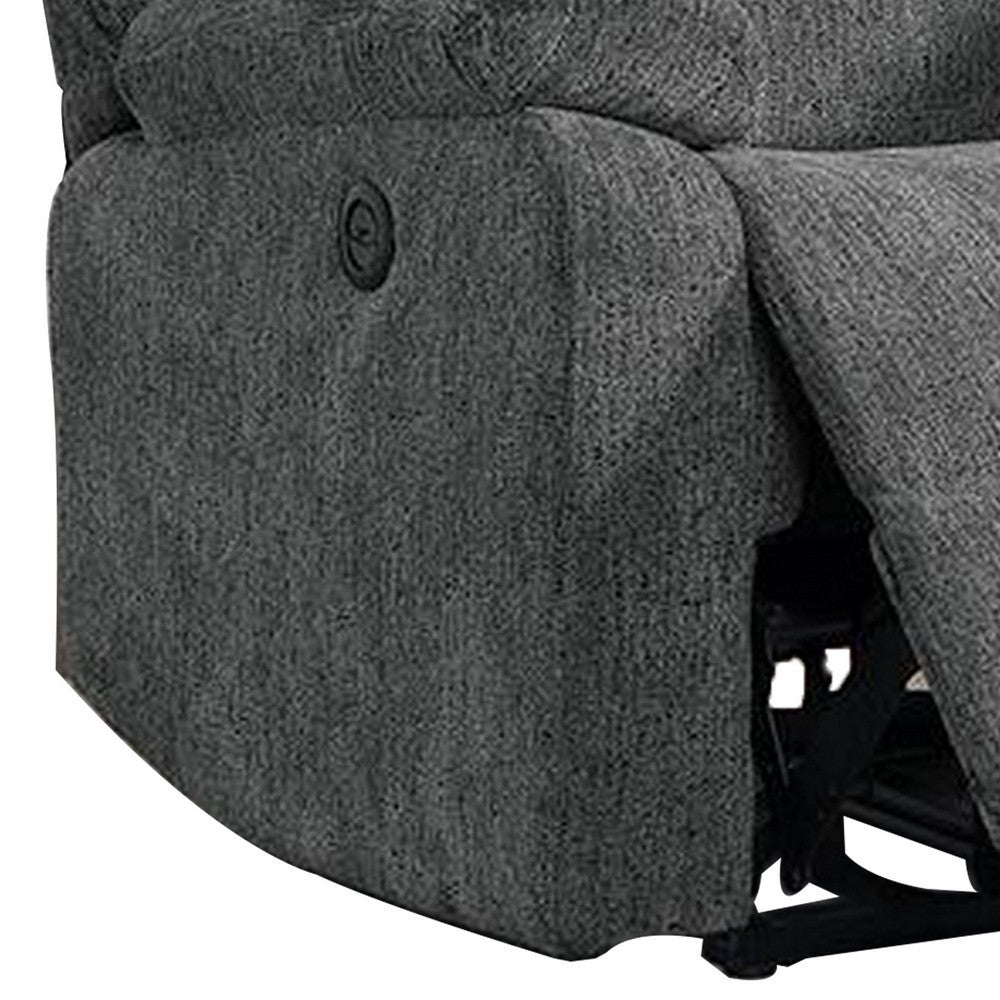 Cerys 40 Inch Power Recliner, USB, Plush Cushioned Gray Chenille Fabric By Casagear Home