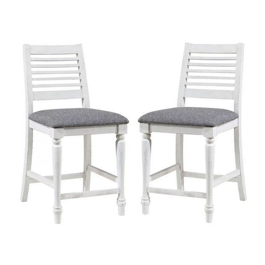 Wren 23 Inch Counter Height Chair Set of 2, Antique White Wood, Gray Seat By Casagear Home