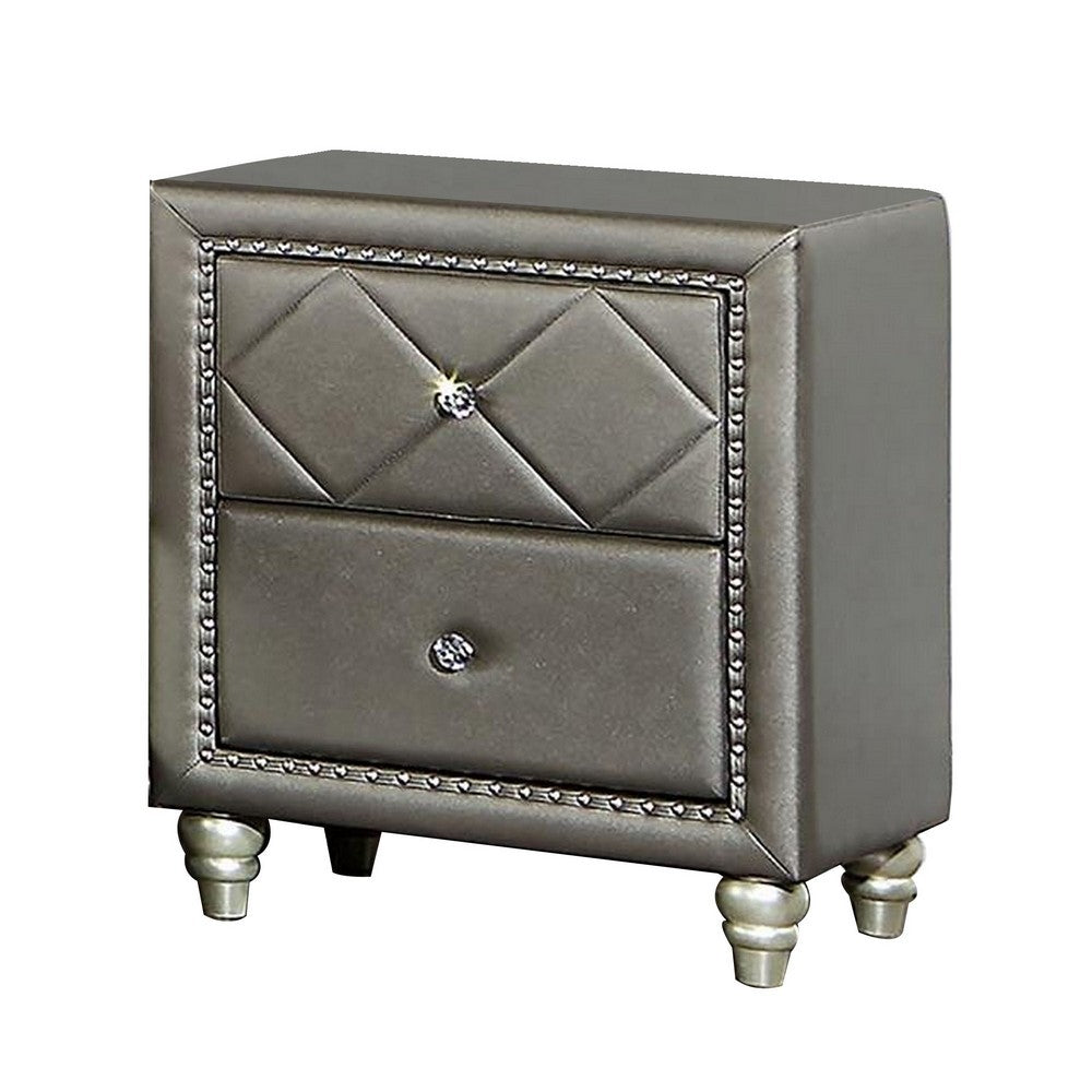 Seth 26 Inch Nightstand, 2 Drawers, Solid Wood, Tufted Gray Faux Leather By Casagear Home