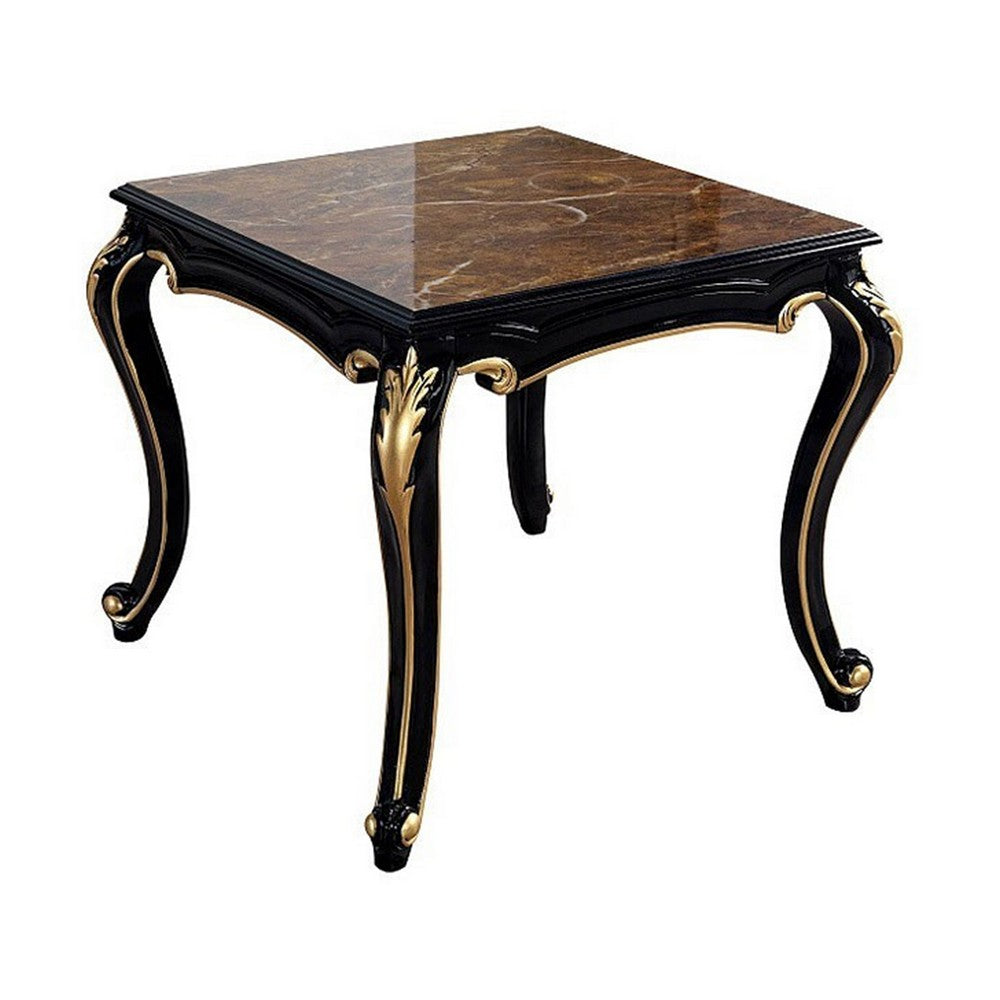 Trix 22 Inch Side End Table, Faux Stone, Carved Scrollwork, Black and Gold By Casagear Home