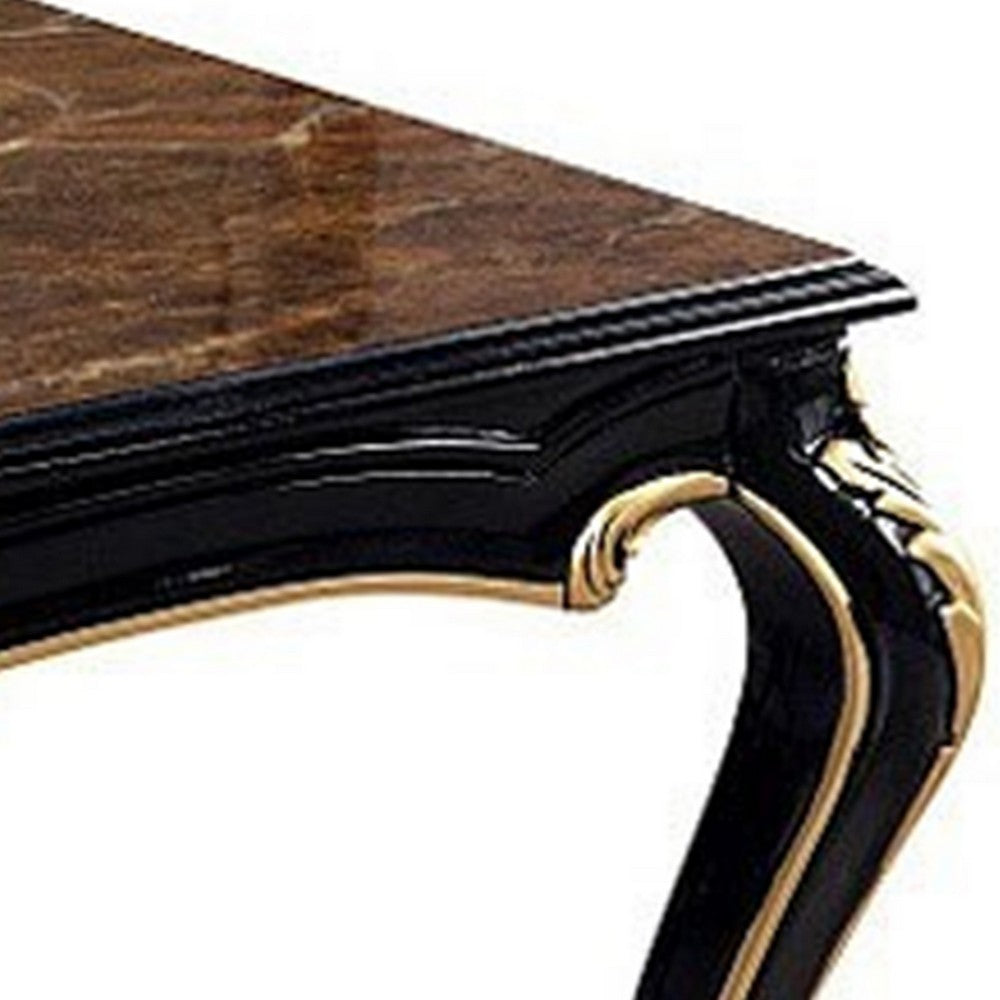 Trix 22 Inch Side End Table, Faux Stone, Carved Scrollwork, Black and Gold By Casagear Home
