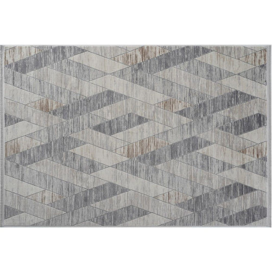 Trix 8 x 10 Large Area Rug, Geometric Pattern, Micro Fringe, Gray Cotton By Casagear Home