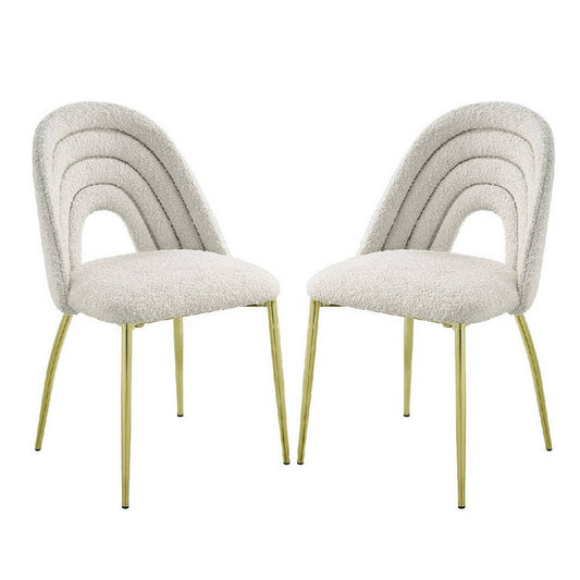 Inch 25 Inch Side Dining Chair Set of 2, White Teddy Sherpa, Gold Legs By Casagear Home