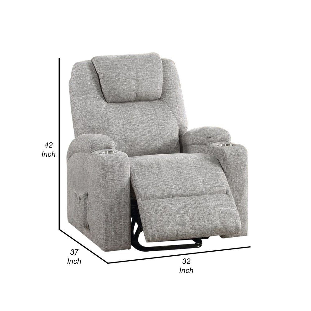 Evans 37 Inch Recliner Chair, Power Lift, Cupholders, Chenille, Light Gray By Casagear Home