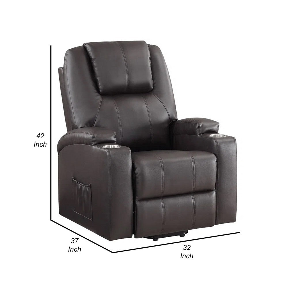 Evans 37 Inch Recliner Chair, Power Lift, 2 Cupholders, Brown Faux Leather By Casagear Home