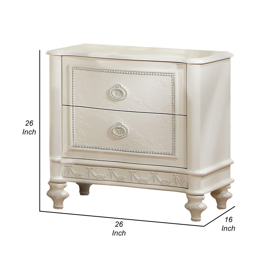 Dorie 26 Inch Nightstand with 2 Drawers, Oval Molded Trim, Ivory White Wood By Casagear Home