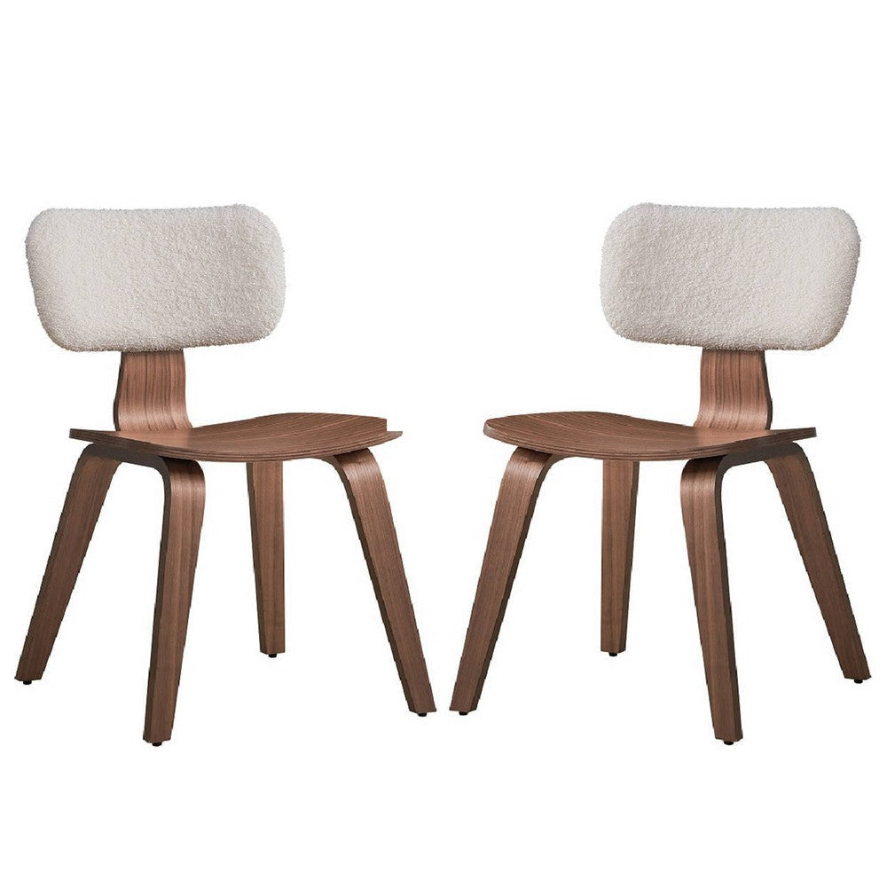 Aon 22 Inch Side Dining Chair Set of 2, Curved, White Boucle, Walnut Brown By Casagear Home