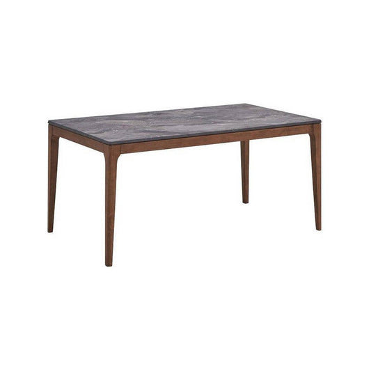 Evis 63 Inch Dining Table, Marble Grain Faux Stone Top, Walnut Brown Wood By Casagear Home