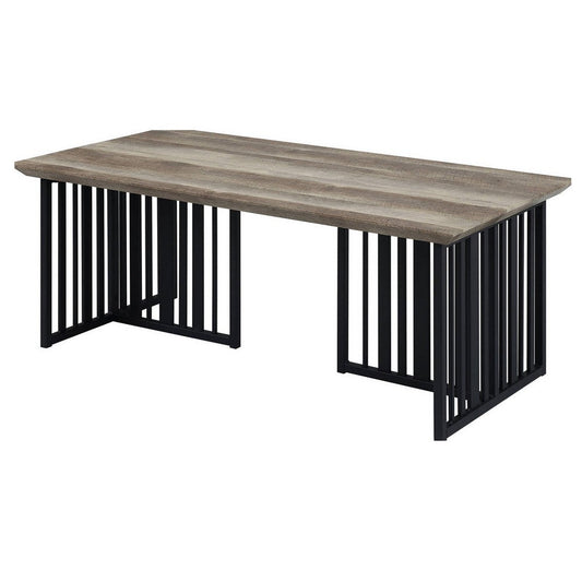 Nori 47 Inch Coffee Table, Distressed Brown Top, Black Metal Slatted Base By Casagear Home