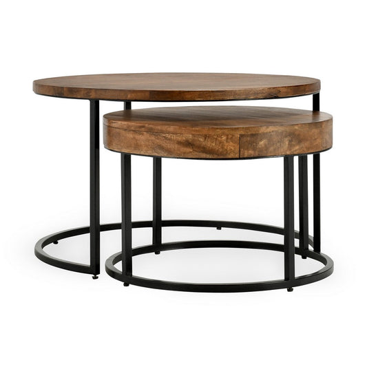 Nesting Coffee Table Set of 2, Natural Brown Wood, Black Iron Frame By Casagear Home